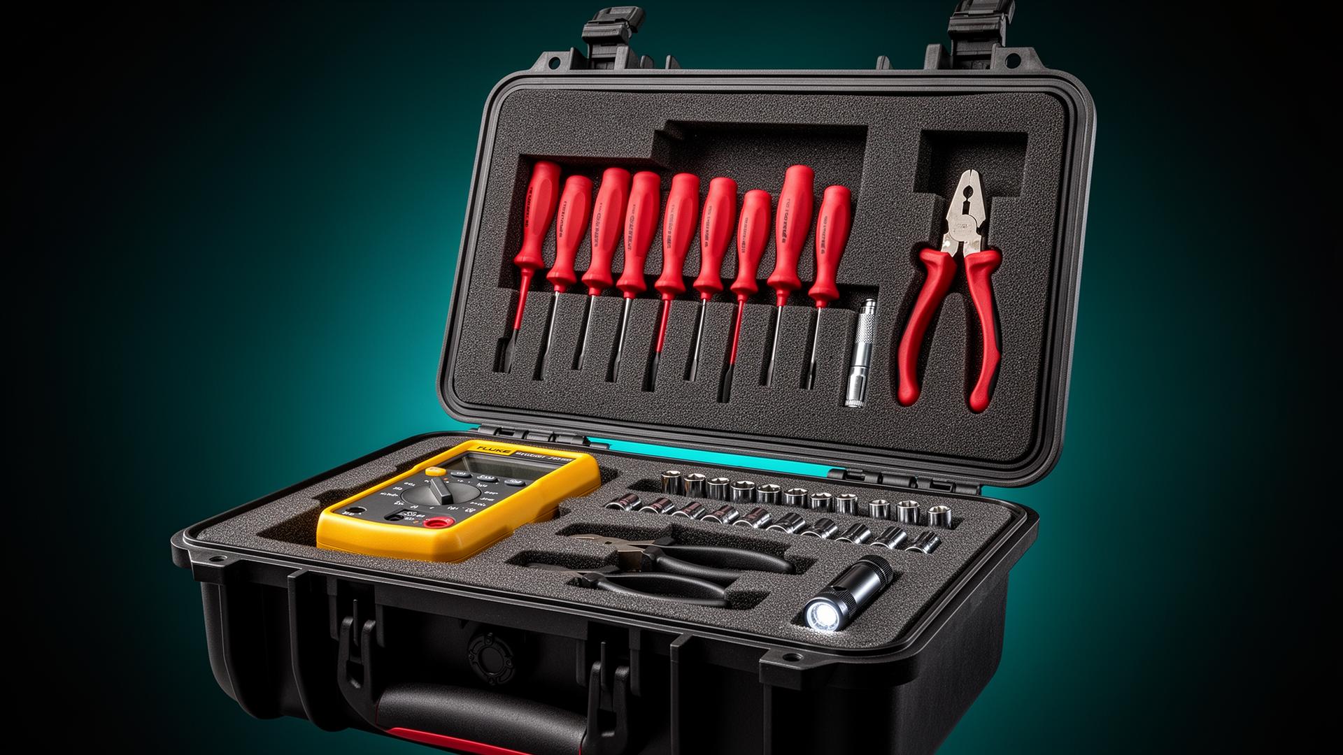 Ghost Form CNC-cut polyethylene insert in a Pelican 1500 cradling a Fluke multimeter, insulated screwdrivers, sockets, pliers, and a flashlight