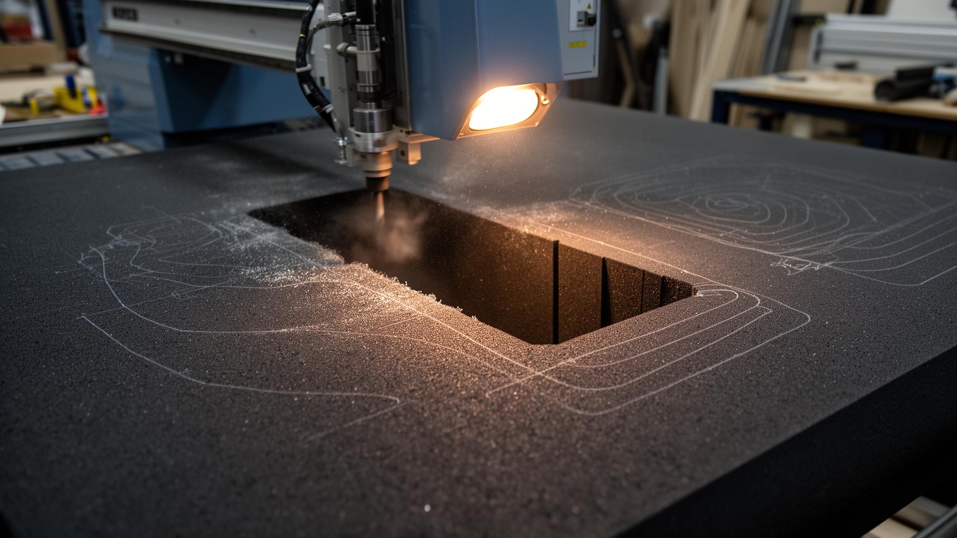CNC router cutting a precise cavity into a black polyethylene foam sheet, with vector toolpaths visible on the surface